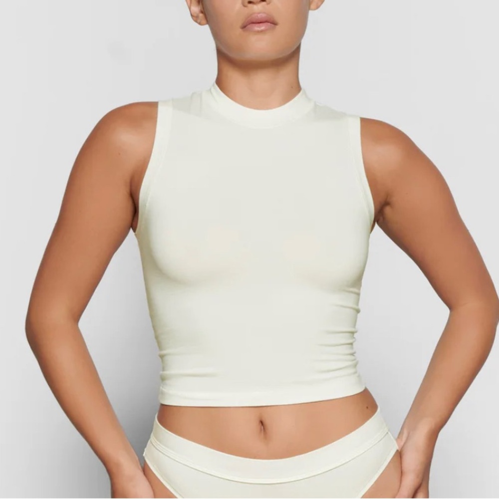 Skims Cotton Jersey Mock Neck Tank in Bone, size S